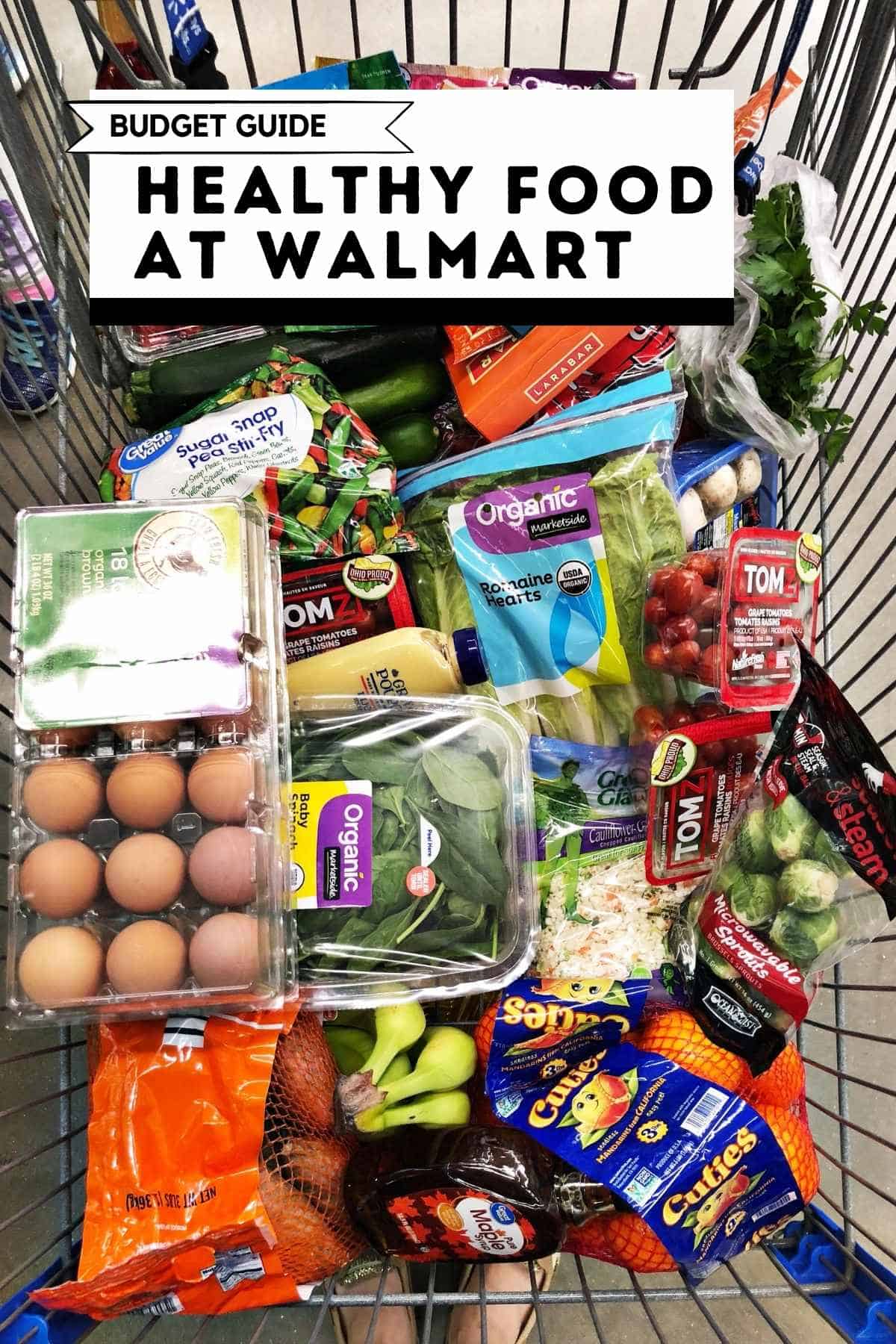 image of walmart shopping cart with healthy food in it.