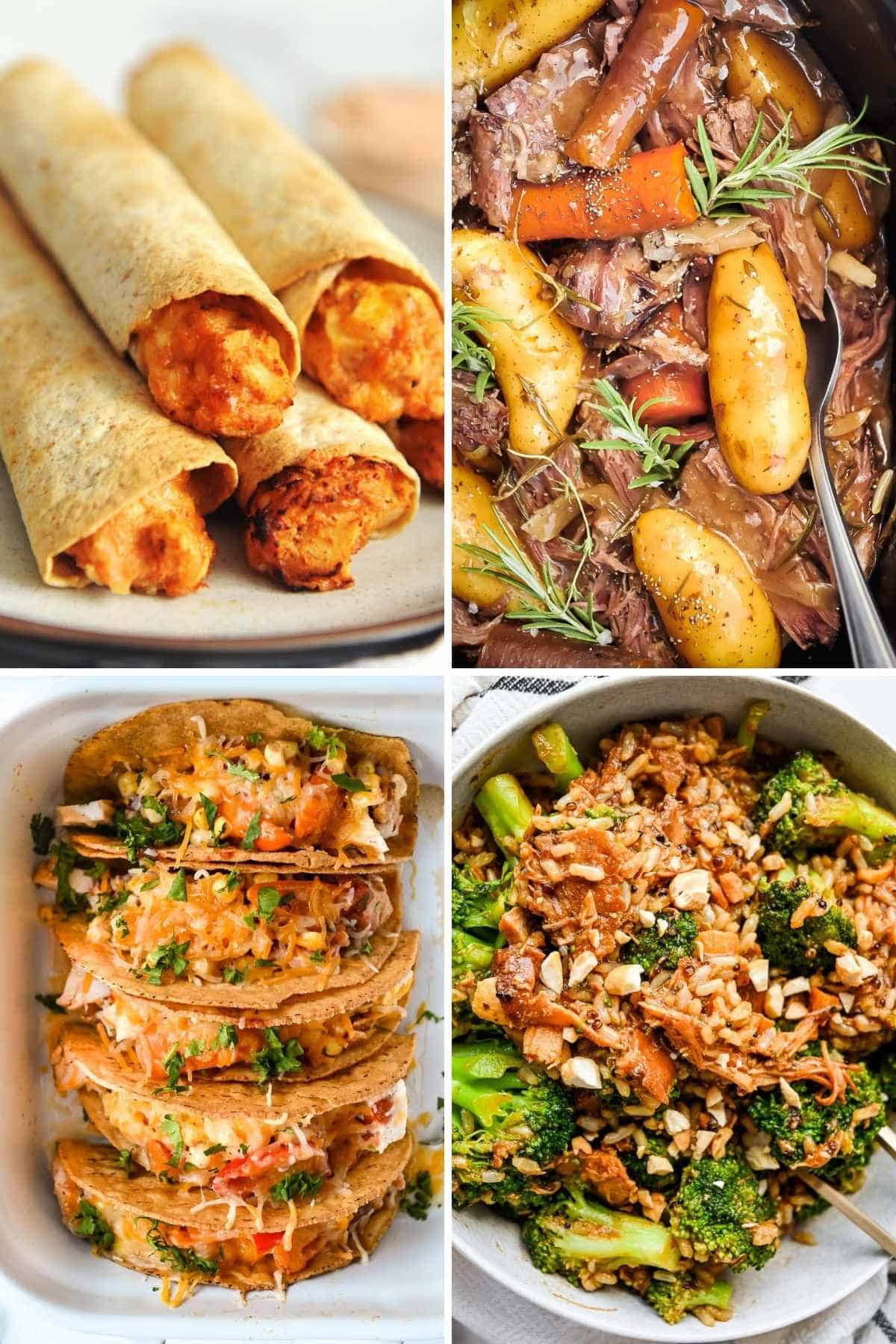 collage of healthy make ahead meals including taquitos, tacos, crock pot roast and chicken thighs.