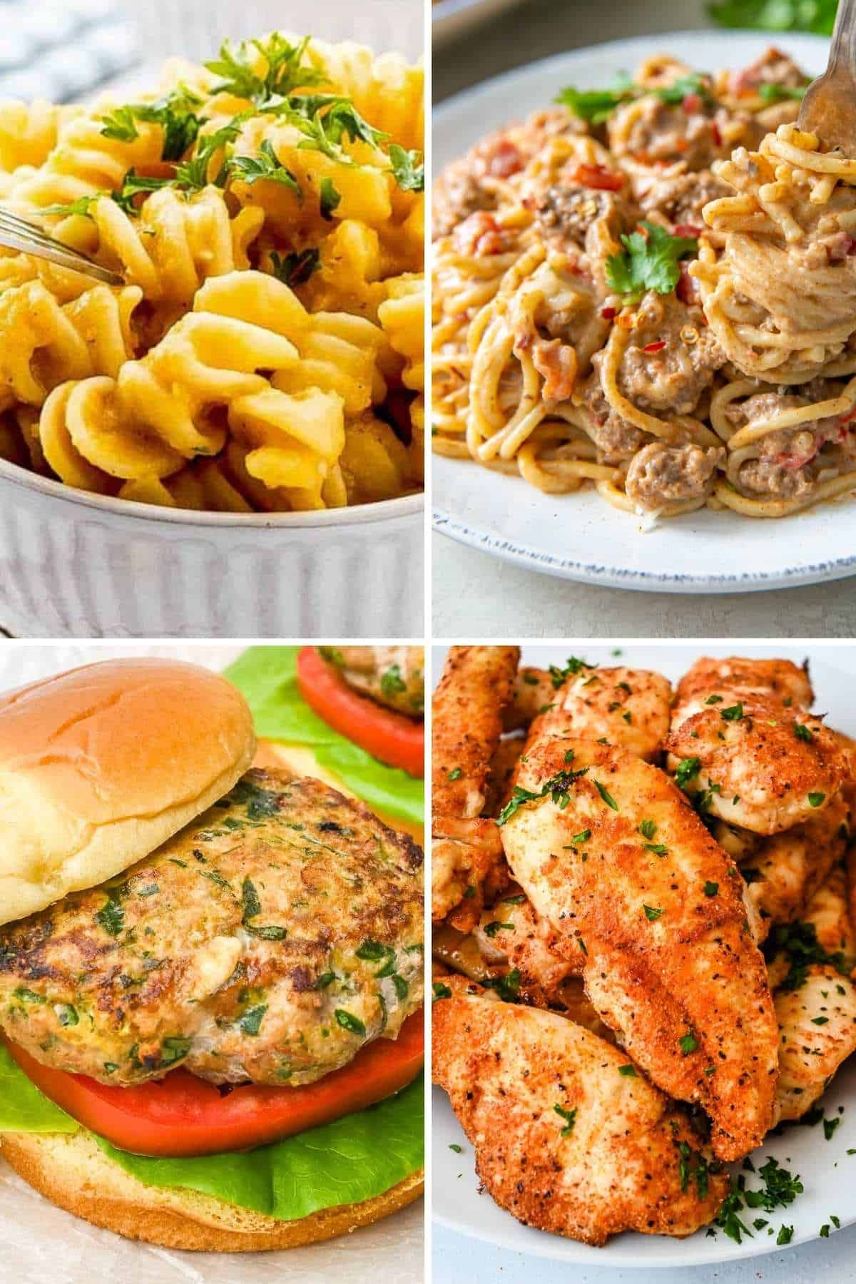 collage of photos of picky eater recipes like macaroni and cheese, chicken spaghetti, turkey burger and chicken tenders.