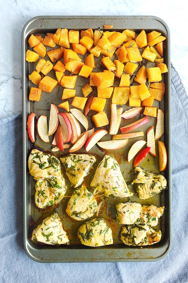 sheet pan chicken with fall flavors is a great recipe for how to cook chicken that is moist