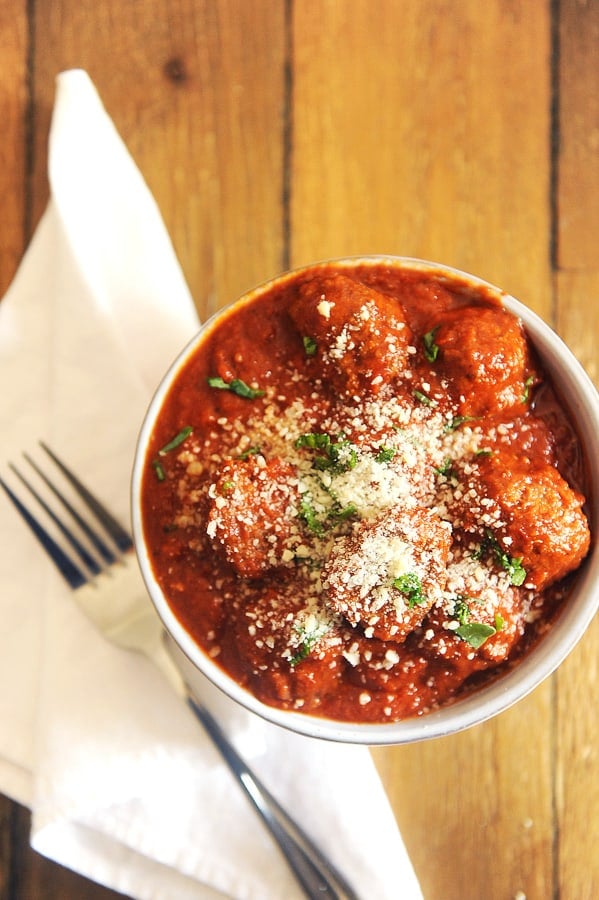 Healthy homemade recipe for Italian meatballs in the slow cooker.  Great crockpot recipe that is easy and uses marinara sauce.  Very adaptable and a great keto meatball and gluten free meatball
