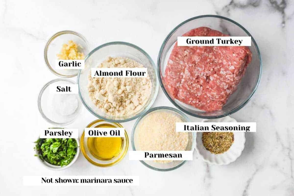 labeled ingredients for making turkey meatballs.