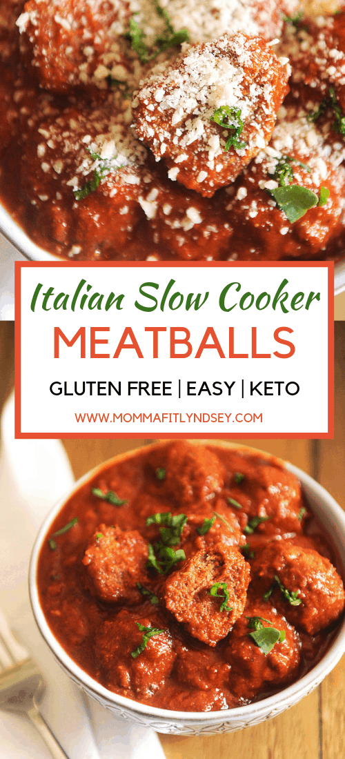 Healthy homemade recipe for Italian meatballs in the slow cooker.  Great crockpot recipe that is easy and uses marinara sauce.  Very adaptable and a great keto meatball and gluten free meatball