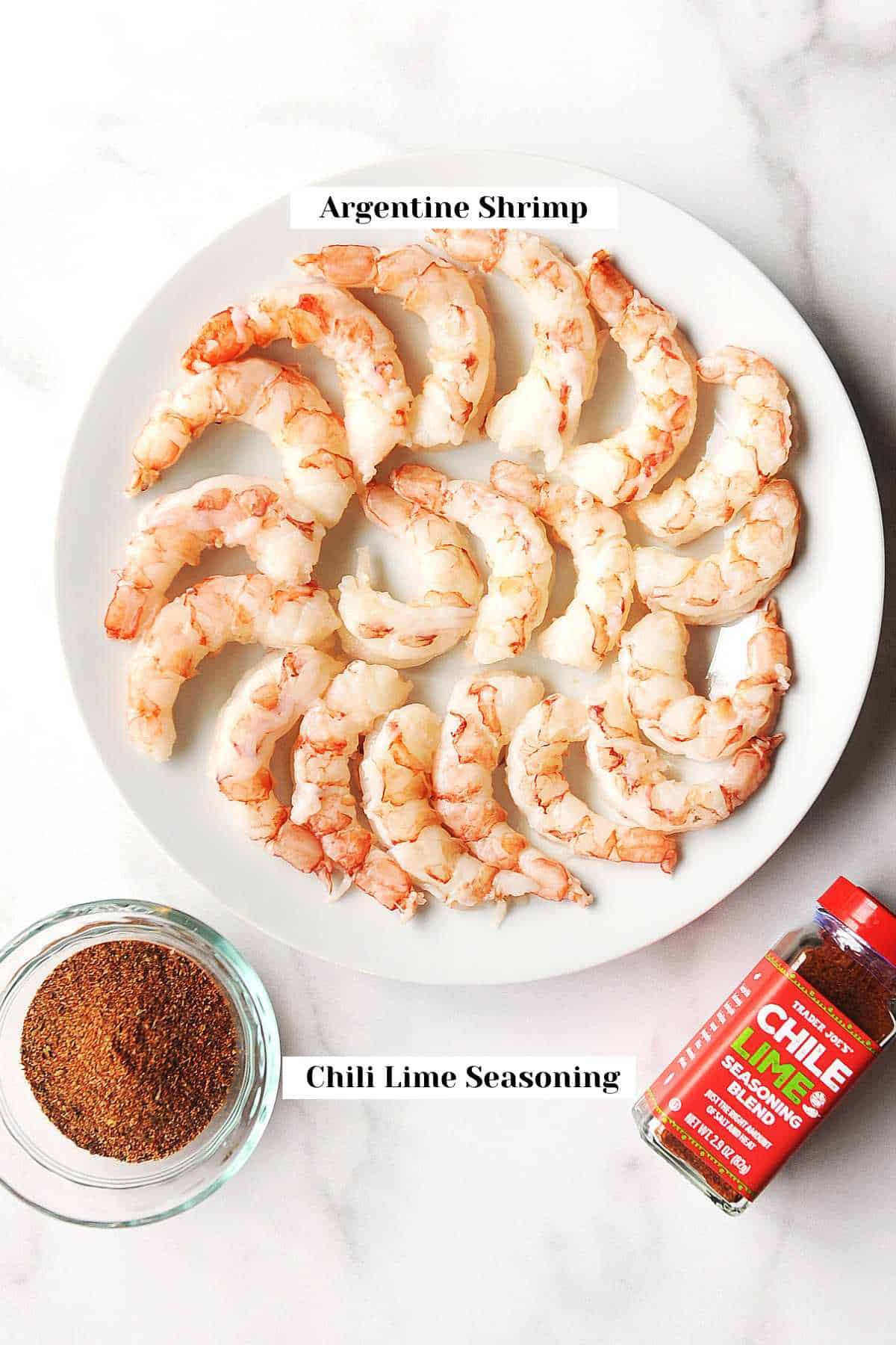 ingredients for making air fryer argentine red shrimp on a white background.