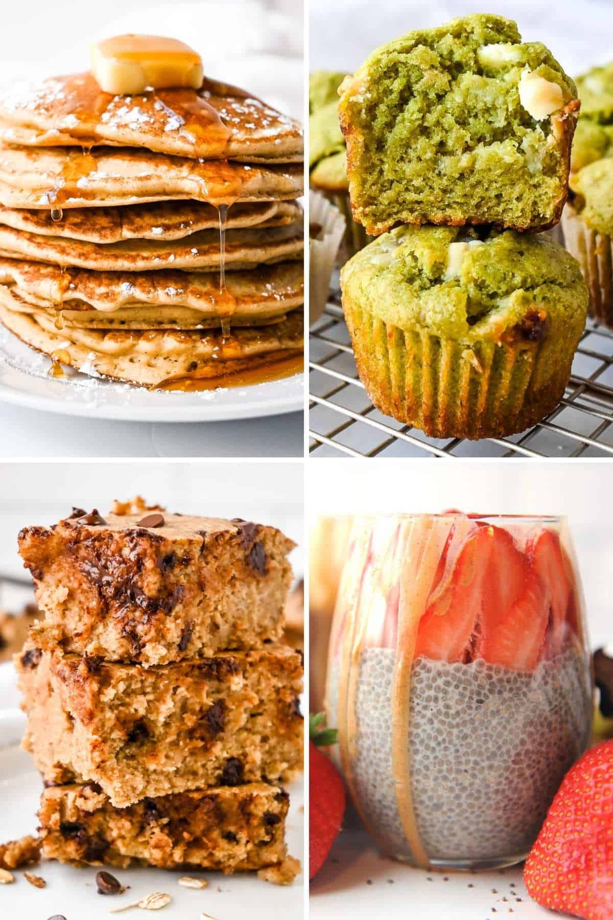 collage of plant based breakfast like pancakes, baked oatmeal, matcha muffins, chia pudding