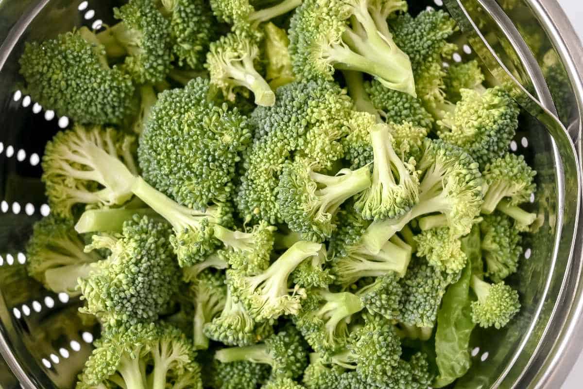 raw broccoli in a colander.