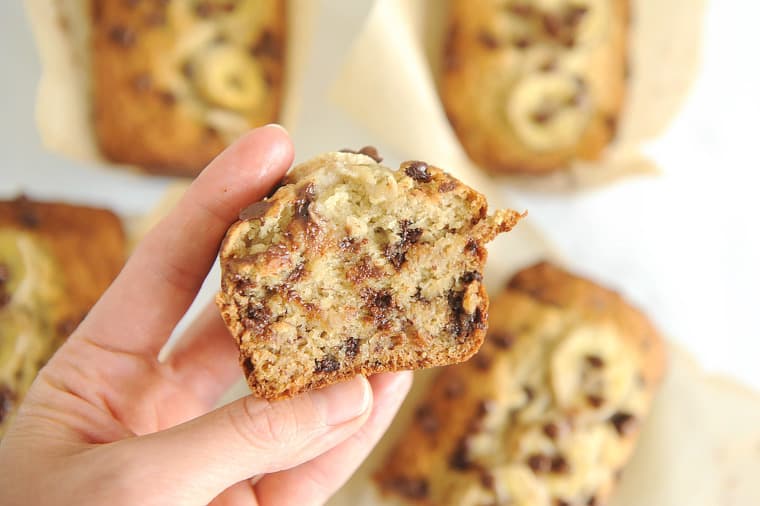 banana bread mini loaves with chocolate chips are easy to make and moist! Chocolate chip banana bread that is moist and gluten free is the best recipe for delicious banana bread in a mini loaf pan!