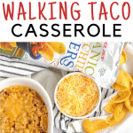 walking taco casserole bake with corn chips. Healthy recipe that takes the original in a bag recipe and lightens it up for a healthy casserole kids will love for dinner