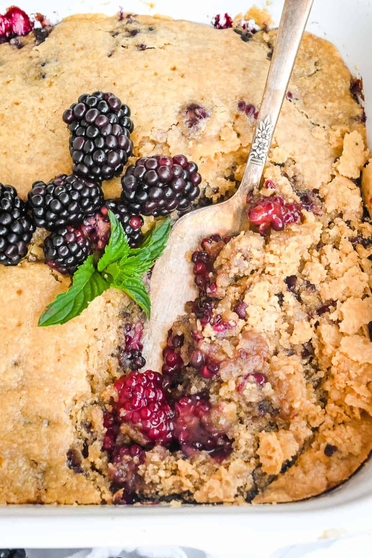 large dish of blackberry cobbler with spoon in it and topped with blackberries and mint.