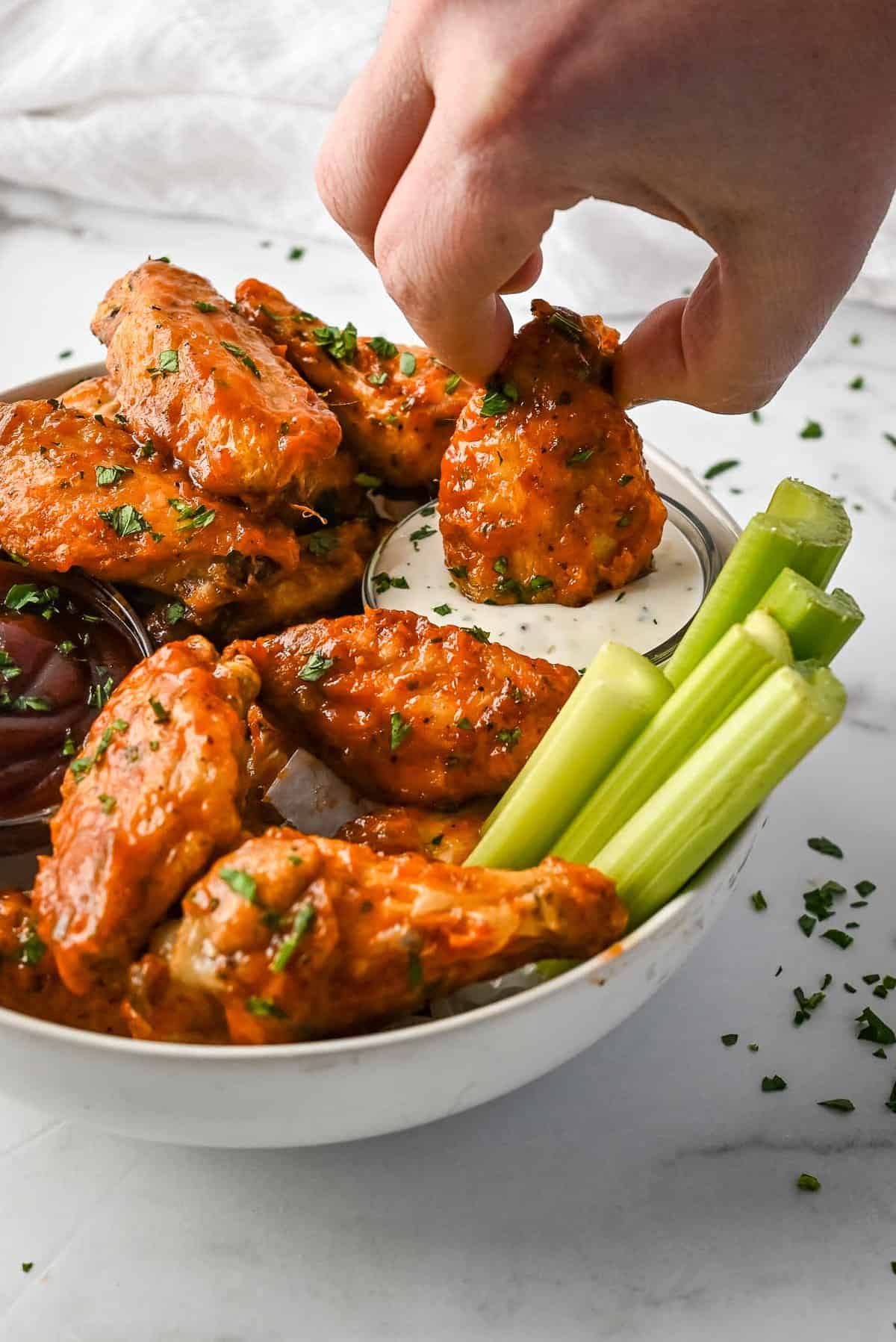 ninja foodi chicken wings with celery and ranch dip