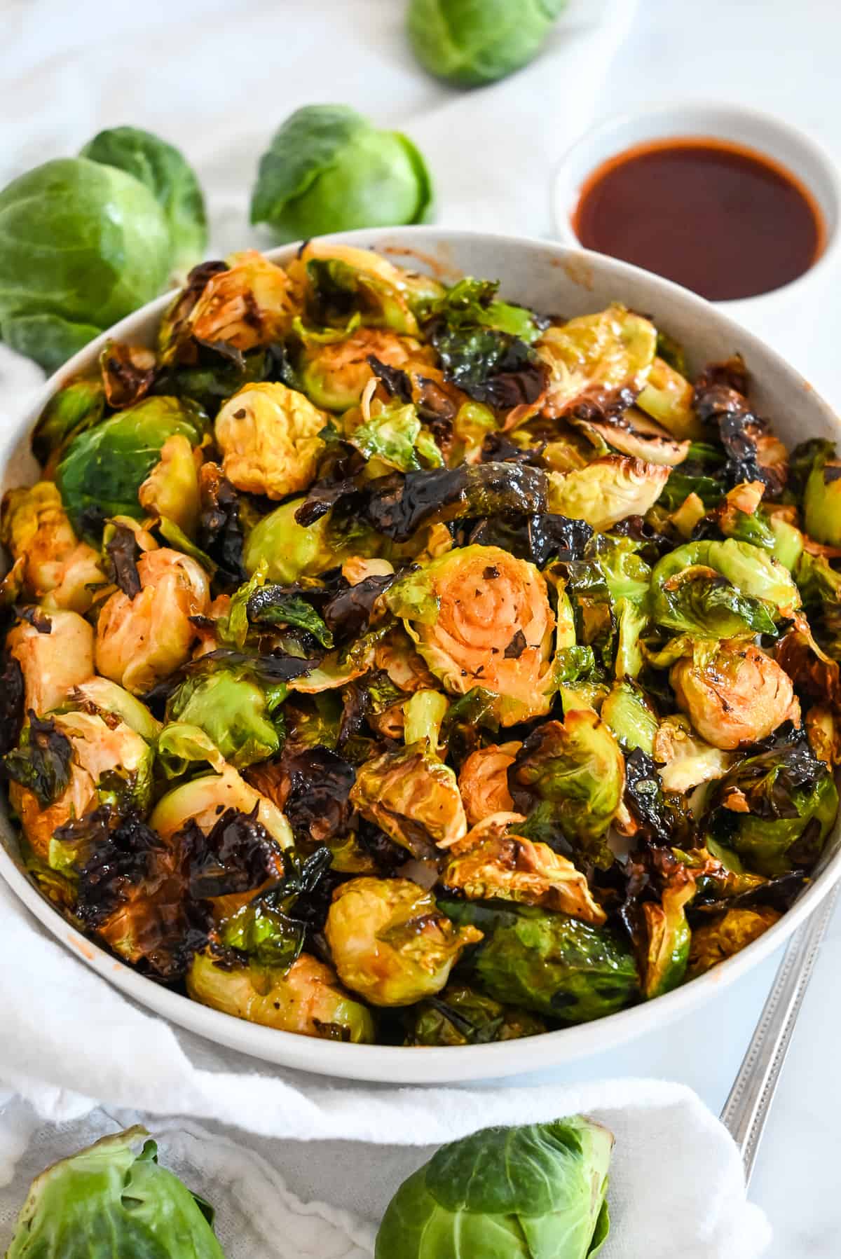 bowl of honey sriracha brussel sprouts