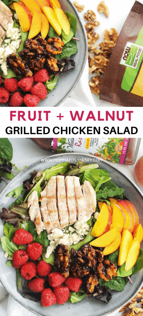 grilled chicken salad with fruit. Fresh summer salad that is healthy and light made with grilled chicken, raspberries and peaches.