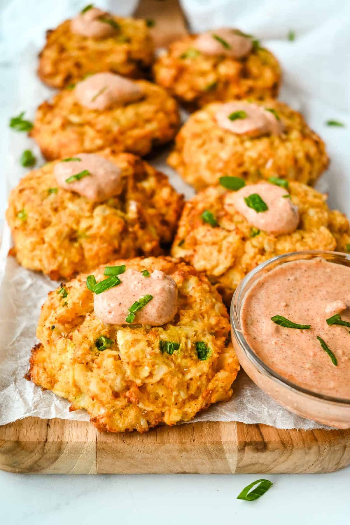 plate of air fryer crab cakes with remoulade.