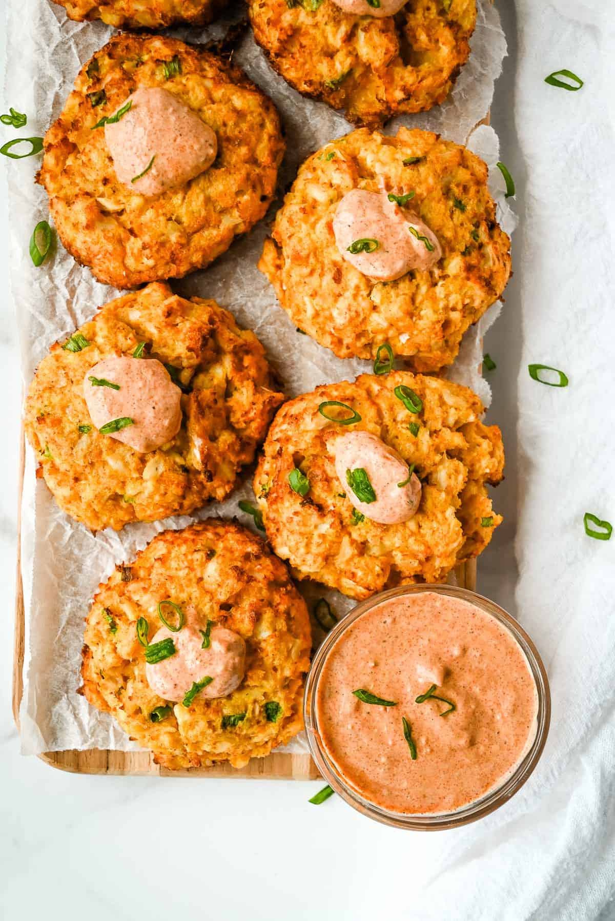 tray of air fried crab cakes with remoulade