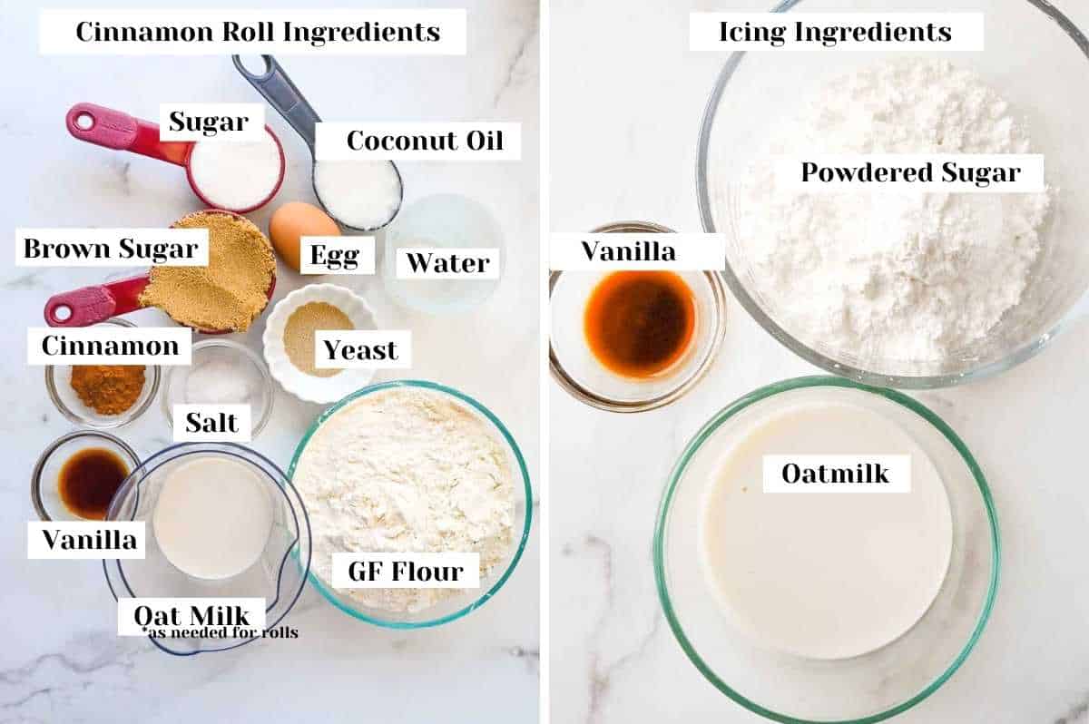 labeled ingredients showing wet and dry ingredients for making dairy-free cinnamon rolls.