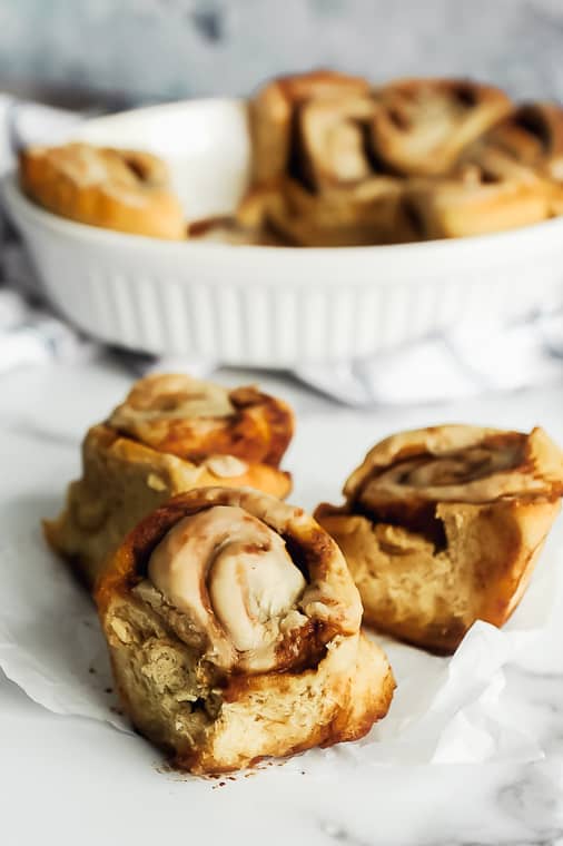 Dairy free cinnamon rolls are fluffy, delicious and taste just like classic cinnamon rolls!  Just enough sweetness and hot from the oven these gooey cinnamon rolls are the perfect brunch treat!