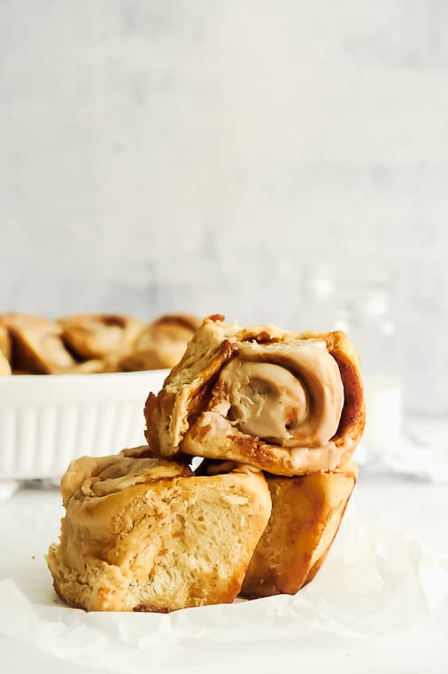 Dairy free cinnamon rolls are fluffy, delicious and taste just like classic cinnamon rolls!  Just enough sweetness and hot from the oven these gooey cinnamon rolls are the perfect brunch treat!