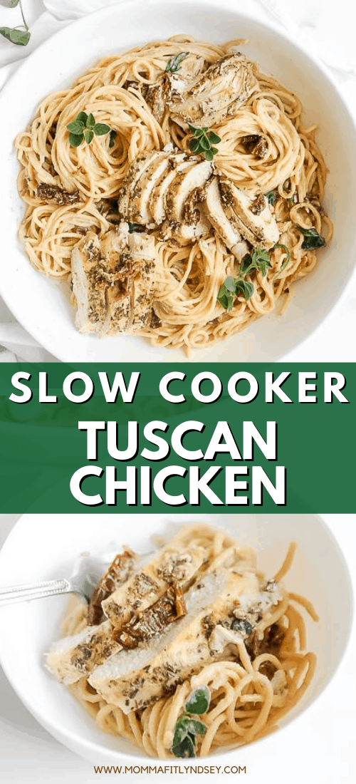 crockpot tuscan chicken pasta made with creamy dairy free sauce in the slow cooker. Healthy and easy to make in the crock pot with spinach, sun-dried tomatoes and coconut milk. Serve with chickpea pasta or on its own for a whole30 or keto crockpot tuscan chicken.