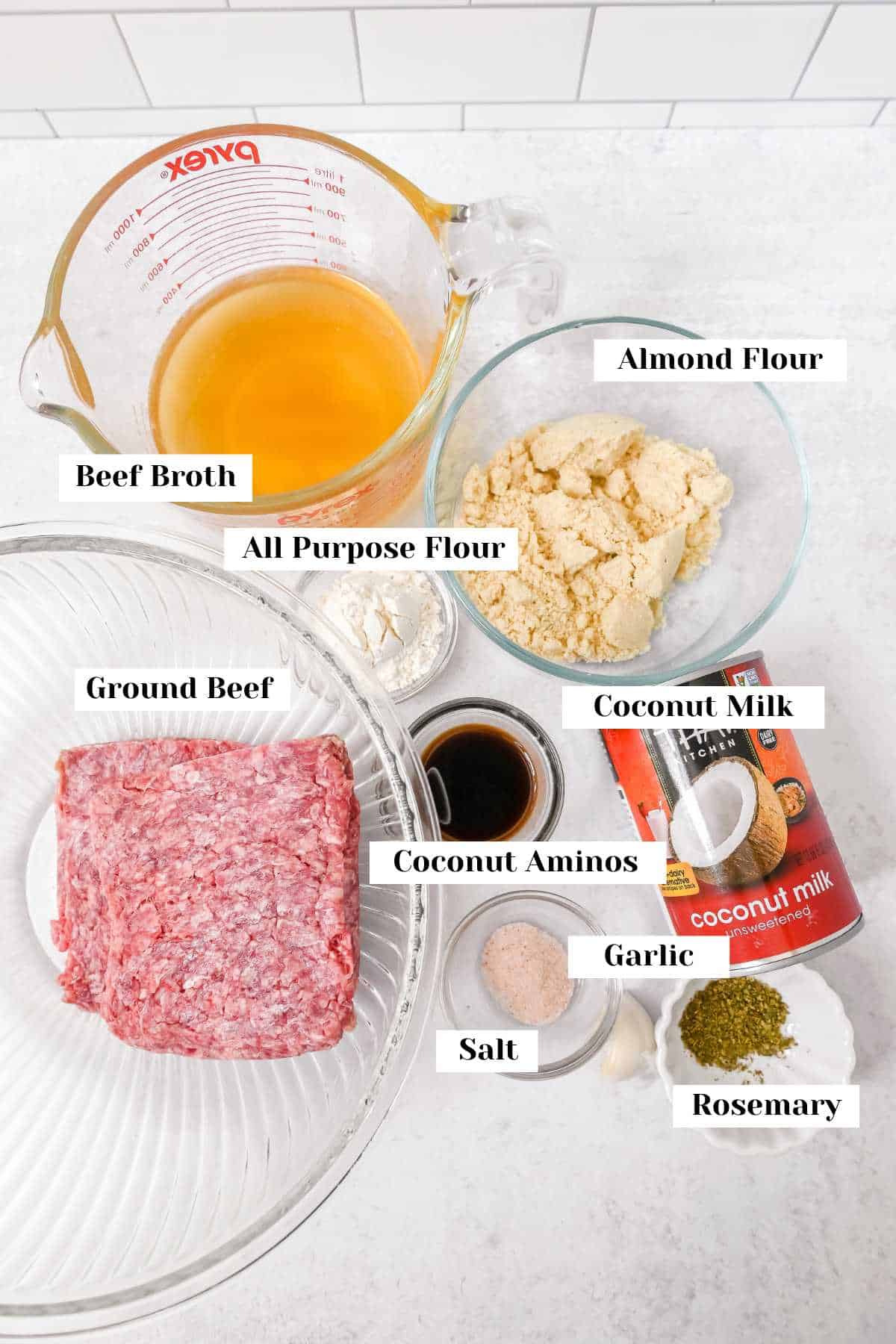 labeled ingredients for this one pot swedish meatball recipe.