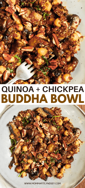 This Instant Pot Quinoa Power Bowl is full of nourishing ingredients like quinoa, chickpeas, spinach and mushrooms! Momma Fit Lyndsey brings you a chickpea vegan buddha bowl that is easy to make with instant pot quinoa and veggies. Delicious healthy lunch recipe for clean eating and plant based lunch ideas.