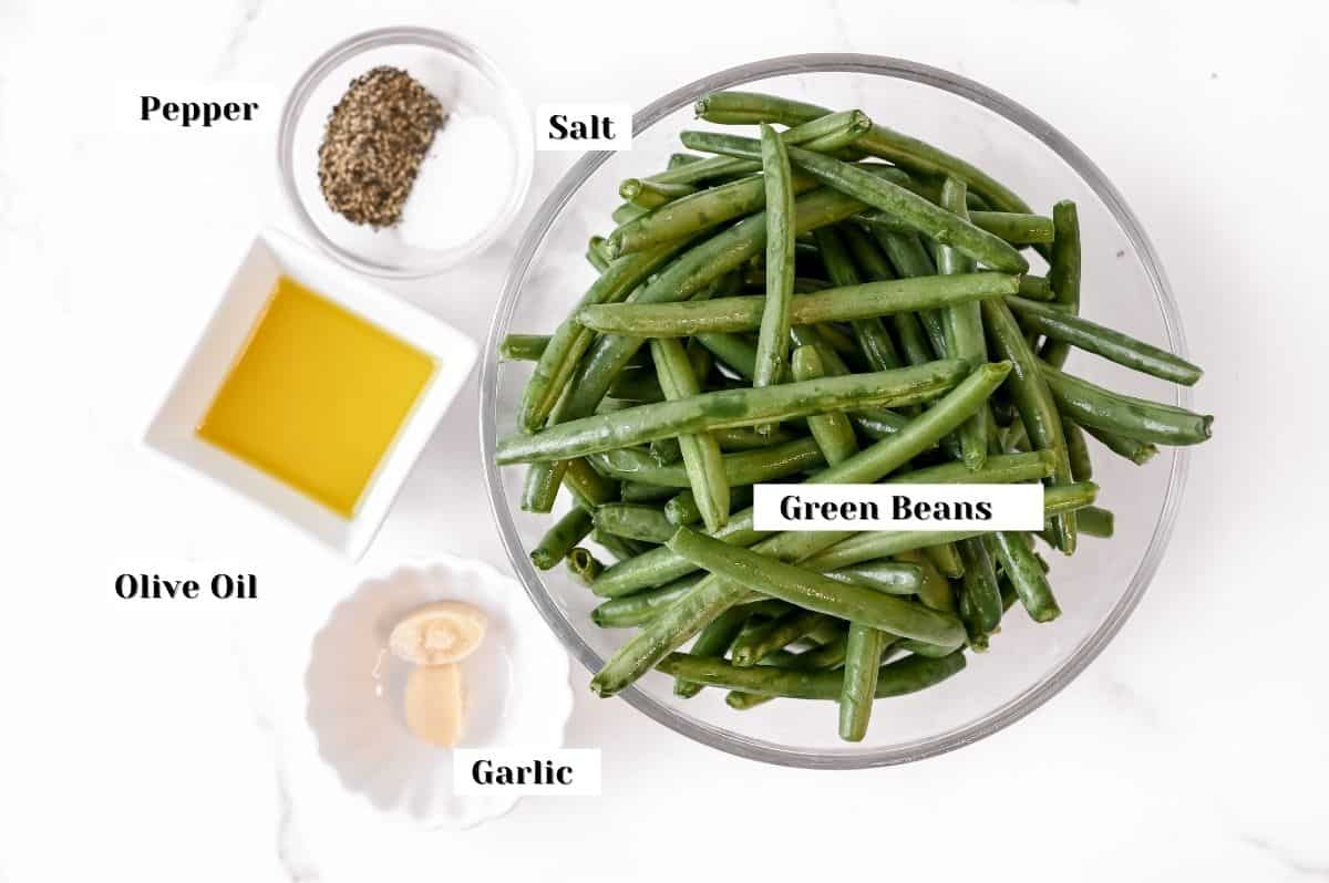 labeled ingredients for this blistered green beans recipe.