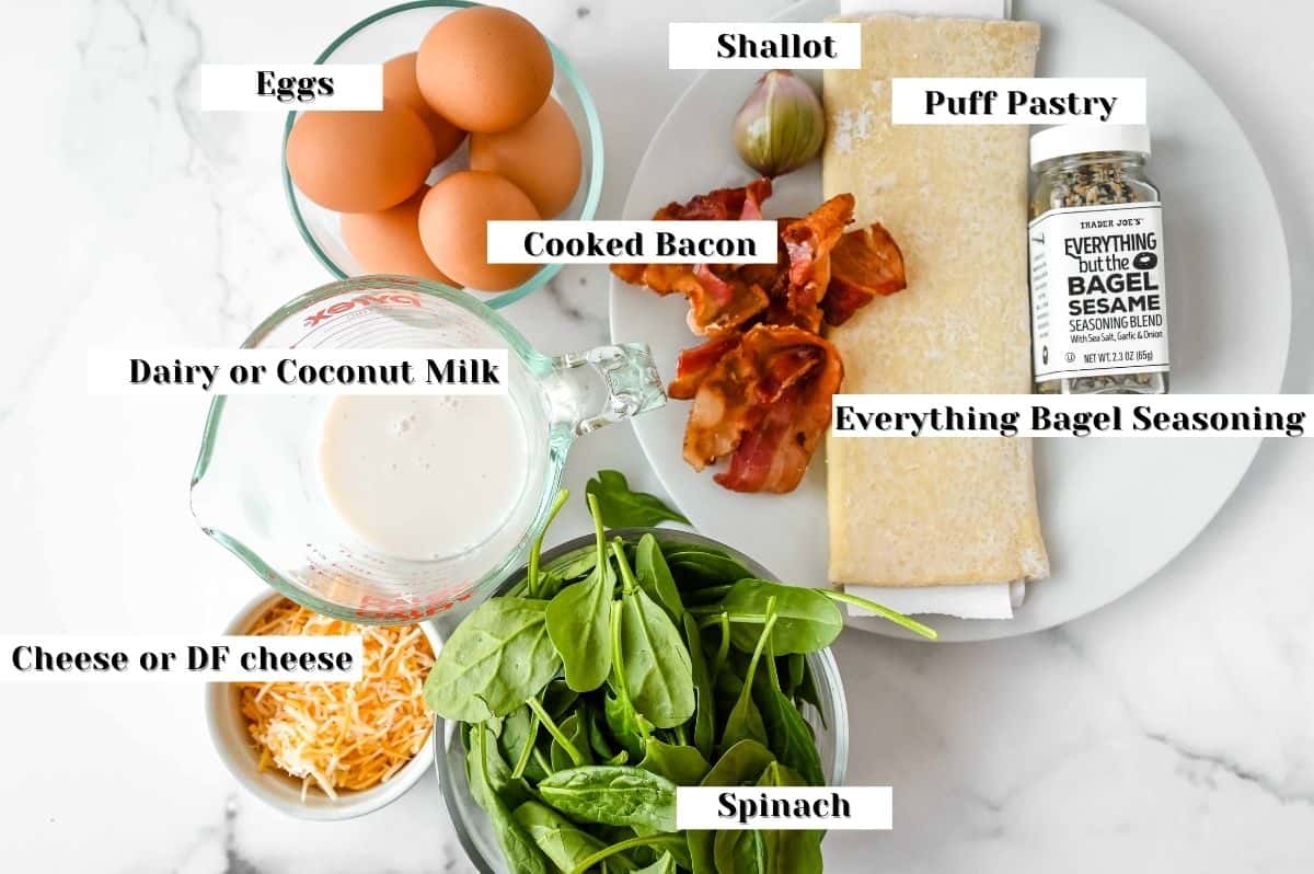 labeled ingredients for this puff pastry quiche recipe.