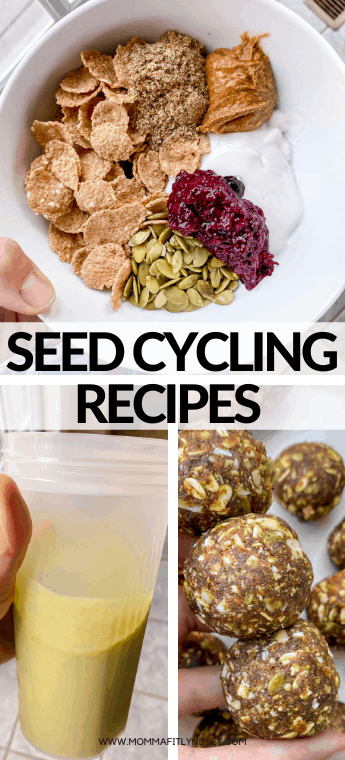 seed cycling recipes for hormone health. Breakfast bowls, smoothies and energy bites for the luteal phase and other phases. Gluten free seed cycling recipes for energy balls with dates and other healthy ingredients.
