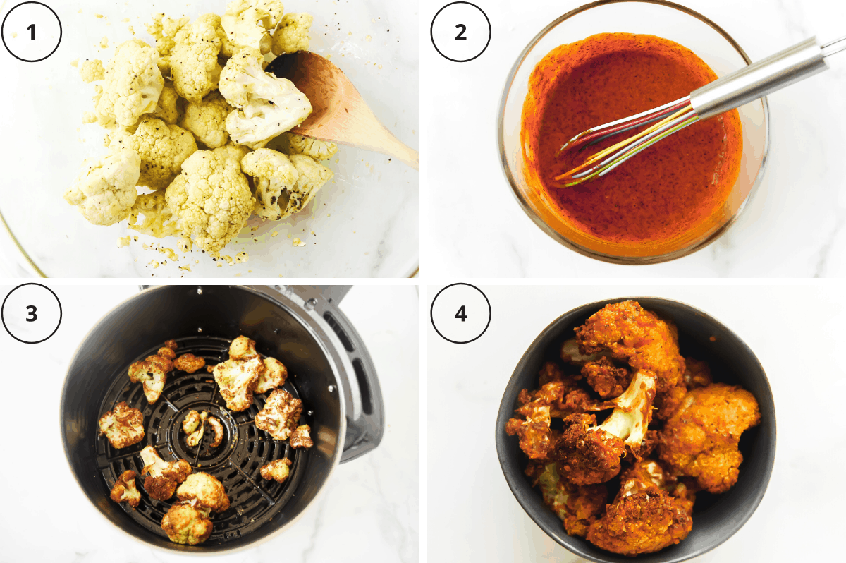 steps for making cauliflower with buffalo sauce in the air fryer