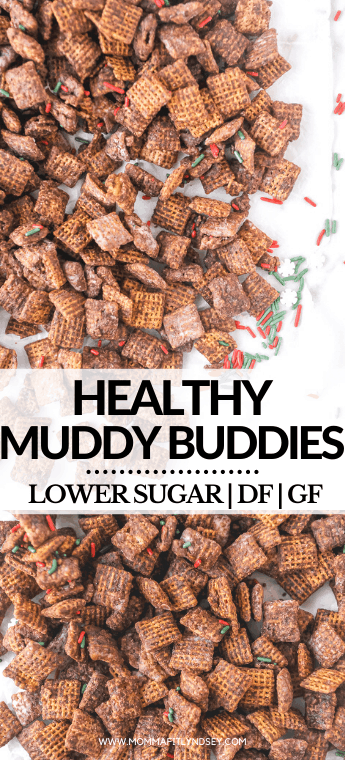 Healthy Chex Mix Muddy Buddies by Momma Fit Lyndsey are a lightened up version of the original muddy buddies recipe you love! Made with Chex cereal, peanut butter powder and dairy free chocolate, skinny puppy chow is easy to make and so good!