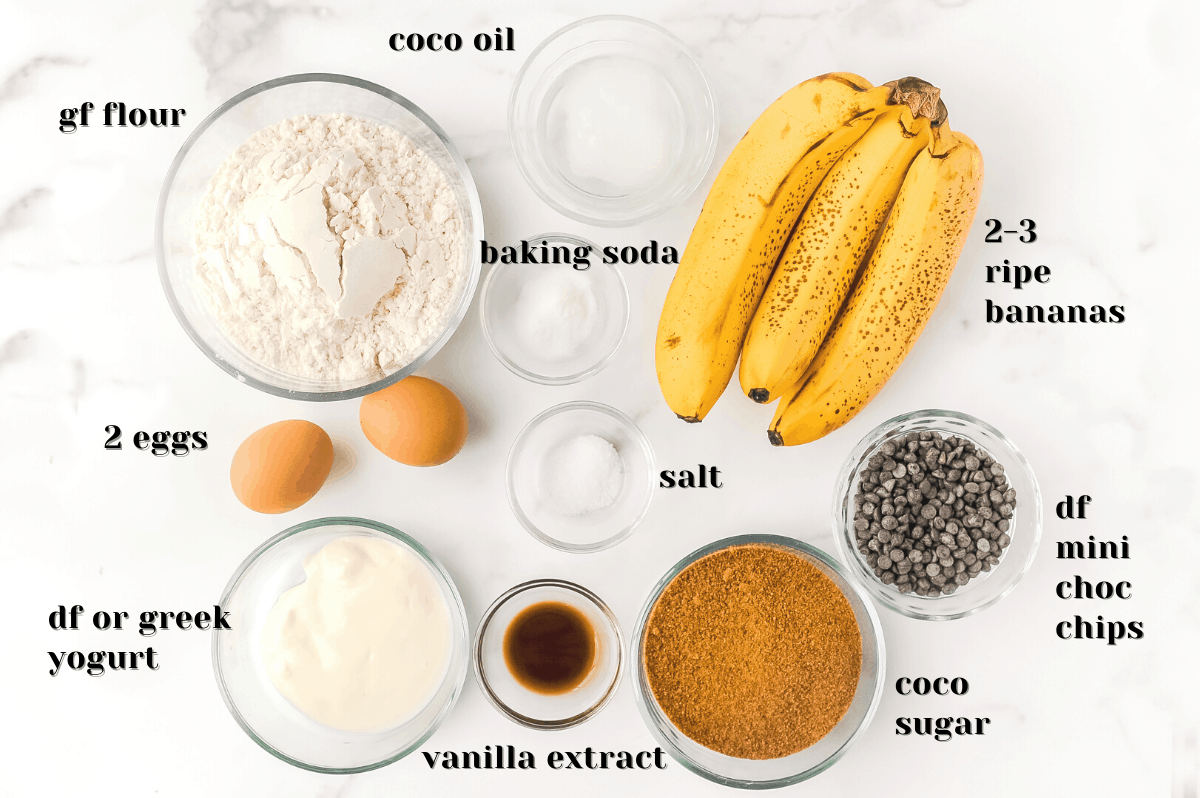 labeled ingredients for making gluten free dairy free banana bread.
