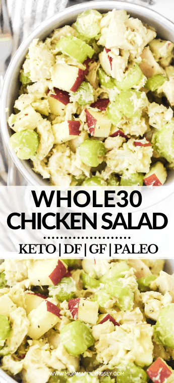 Whole30 chicken salad with avocado and apples by Momma Fit Lyndsey. Easy no mayo chicken salad is quick to make and eat alone or in lettuce wraps.