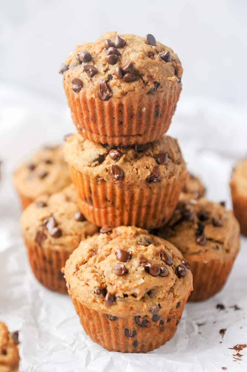 Gluten free chocolate chip muffins that are healthy! Soft and fluffy chocolate chip bakery style muffins that can be made dairy free.