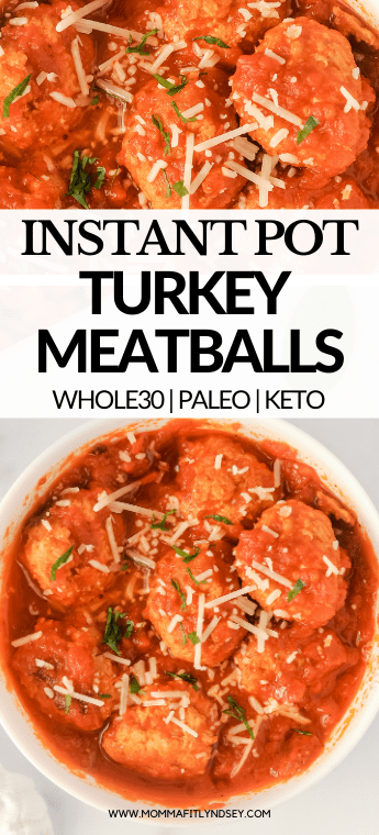 Healthy Instant Pot turkey meatballs with sauce are easy to make with only 5 ingredients!  Ground turkey, garlic, almond flour, salt and olive oil create deliciously moist gluten free, keto Whole30 meatballs in just minutes!