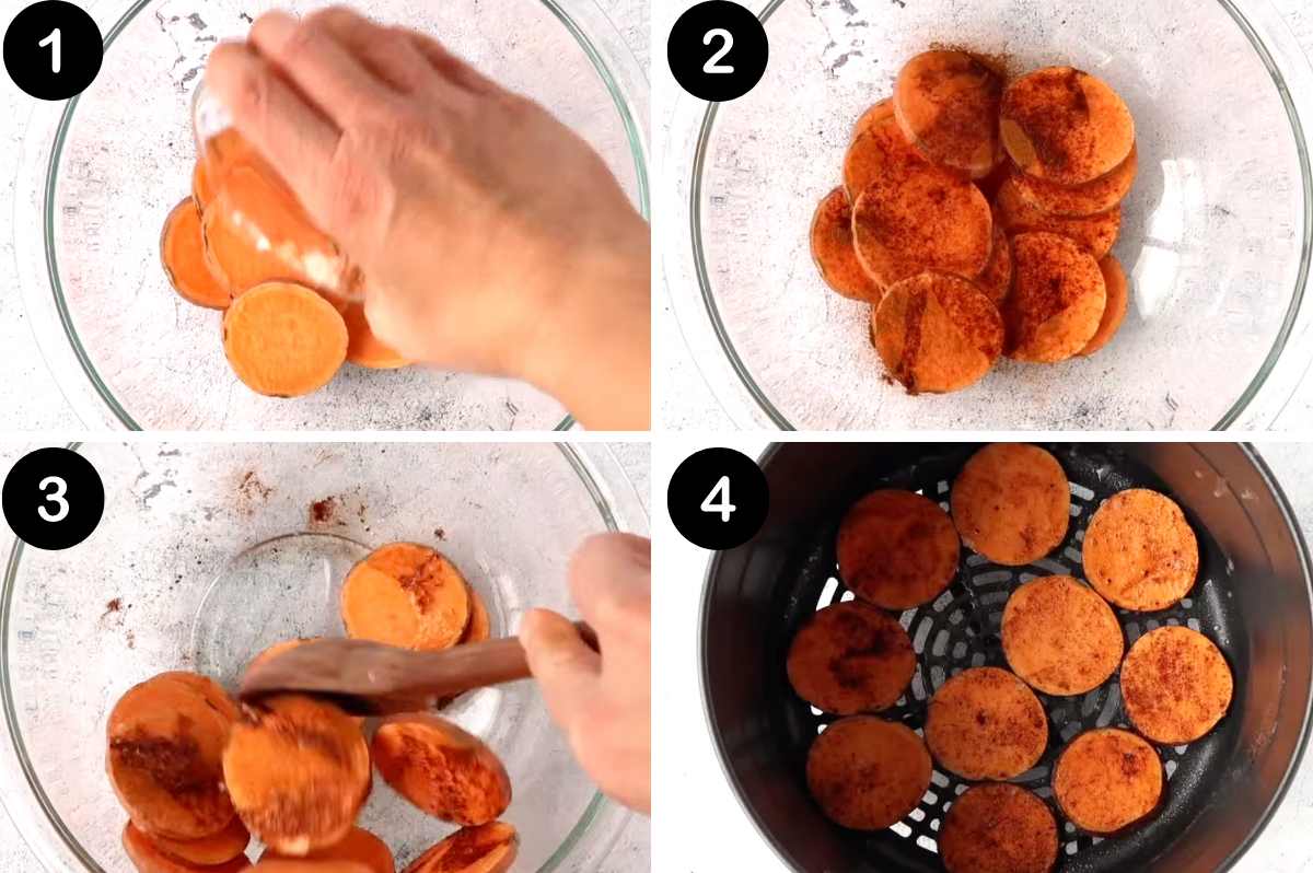 steps for making sweet potato rounds in the air fryer.