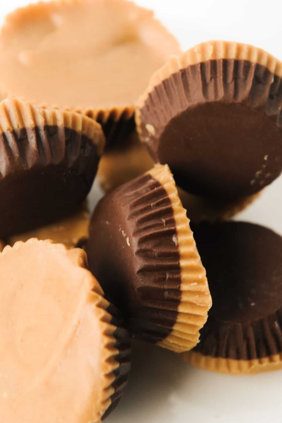 close up shot of homemade chocolate peanut butter keto fat bomb recipe.