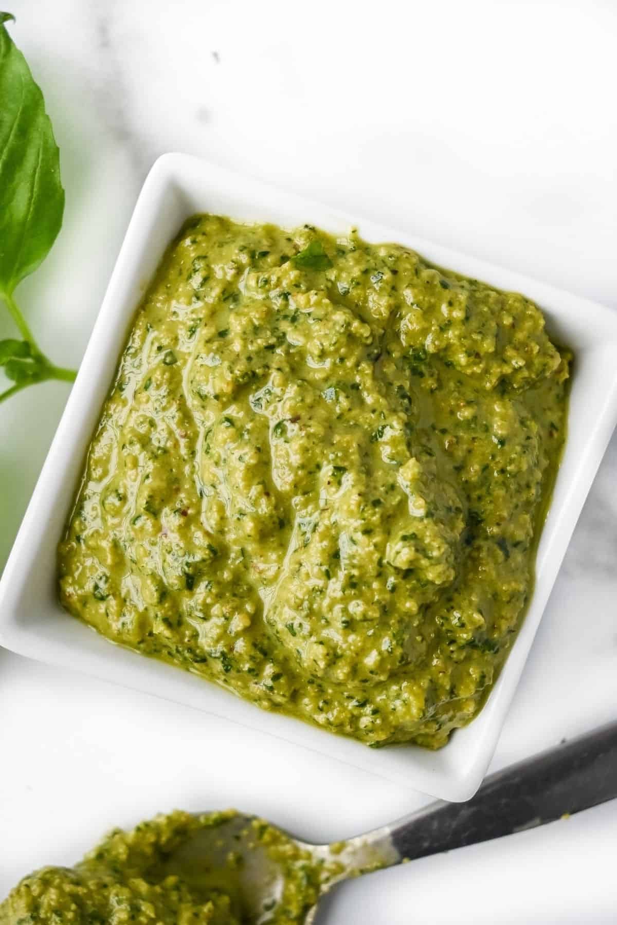 pesto without pine nuts in a white dish
