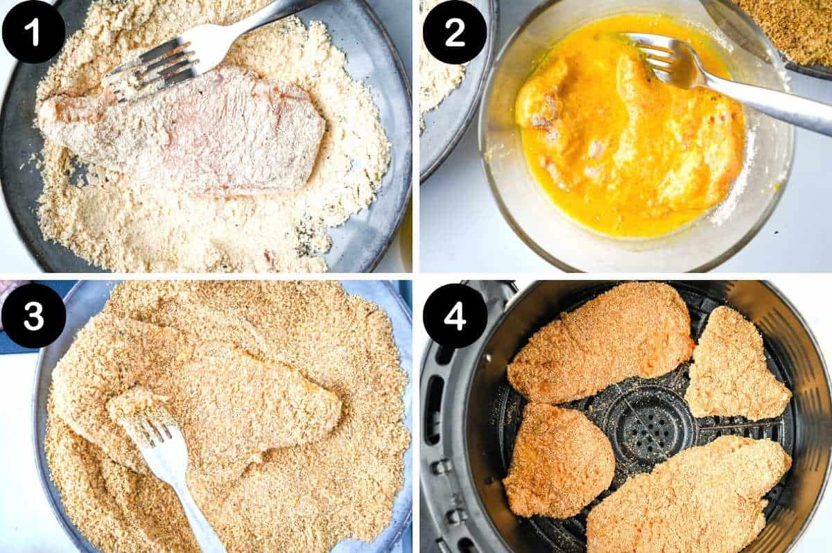 the steps for making crispy breaded chicken in the air fryer