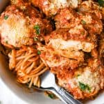plate of gluten free chicken parmesan with spaghetti