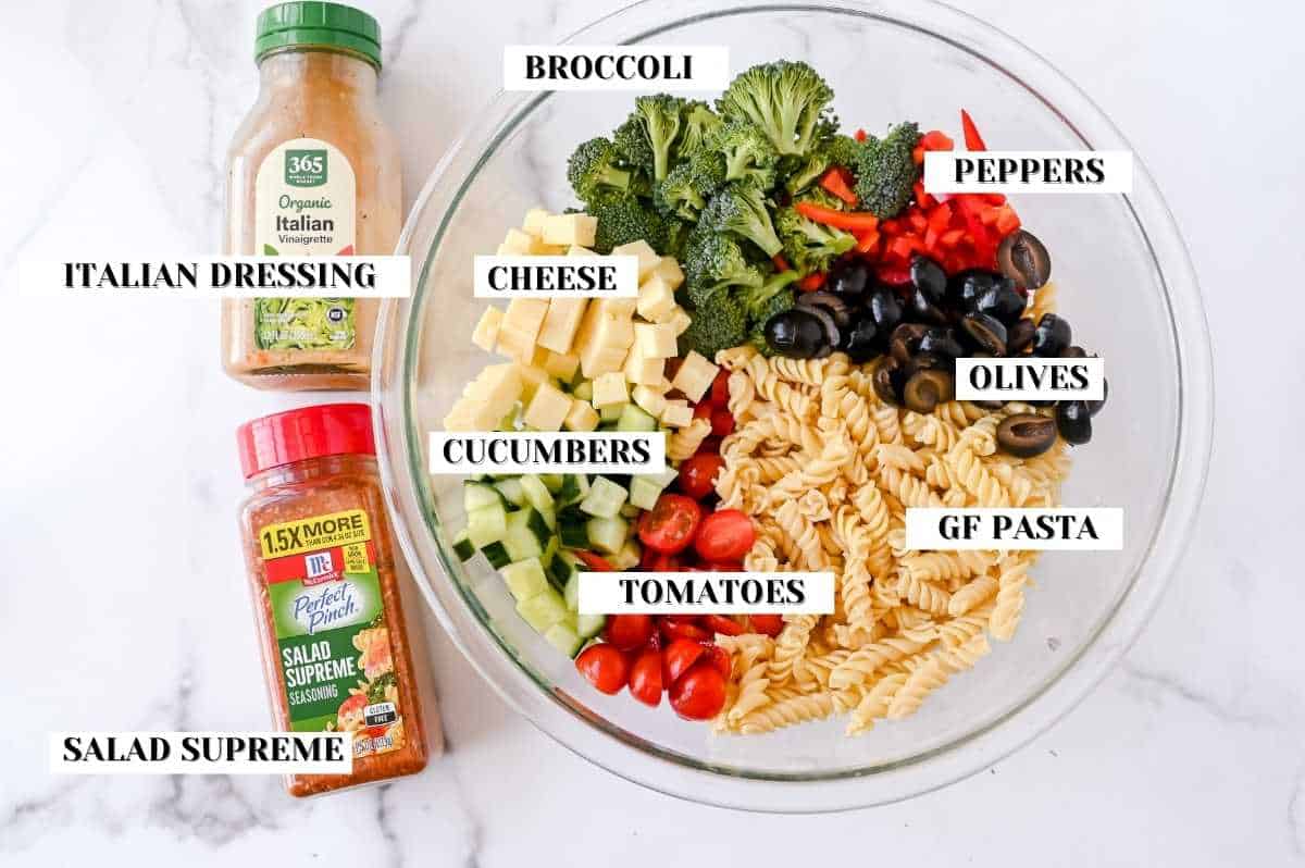 labeled photo of gluten-free pasta salad ingredients.