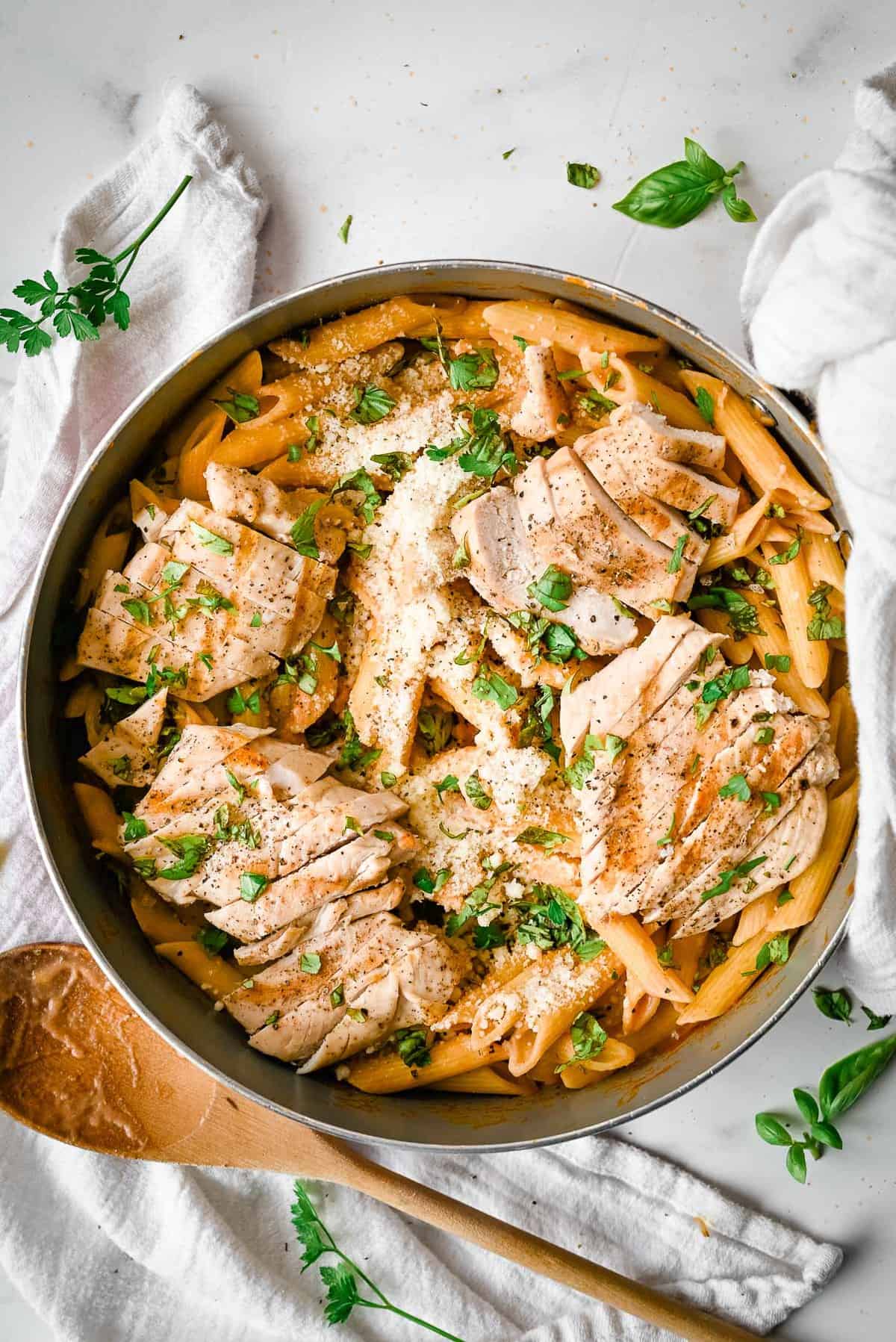 lightened up chicken penne alla vodka in a skillet