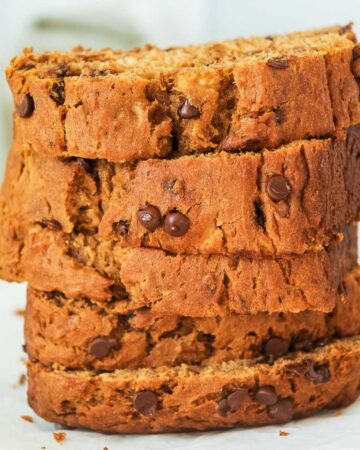 close up of stack of gluten-free dairy-free banana bread.