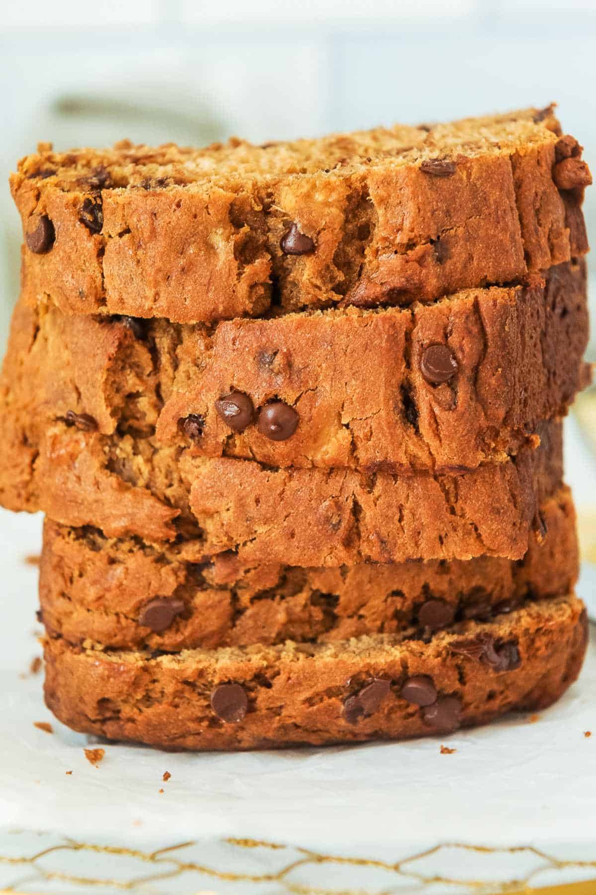 stack of gluten-free dairy-free banana bread with chocolate chips.