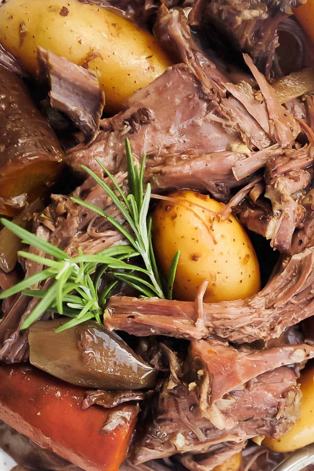 close up shot of crock pot roast meat with rosemary and potatoes.