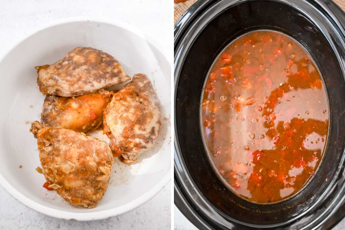 collage photo of cooked chicken breast in a white bowl on the left and all soup ingredients in crock pot on the right.