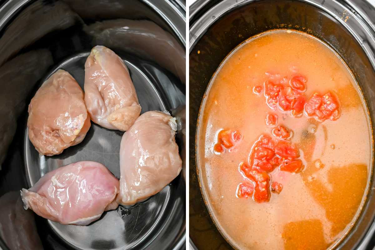 collage photo of raw chicken breast in crock pot on the left and all soup ingredients in crock pot on the right.