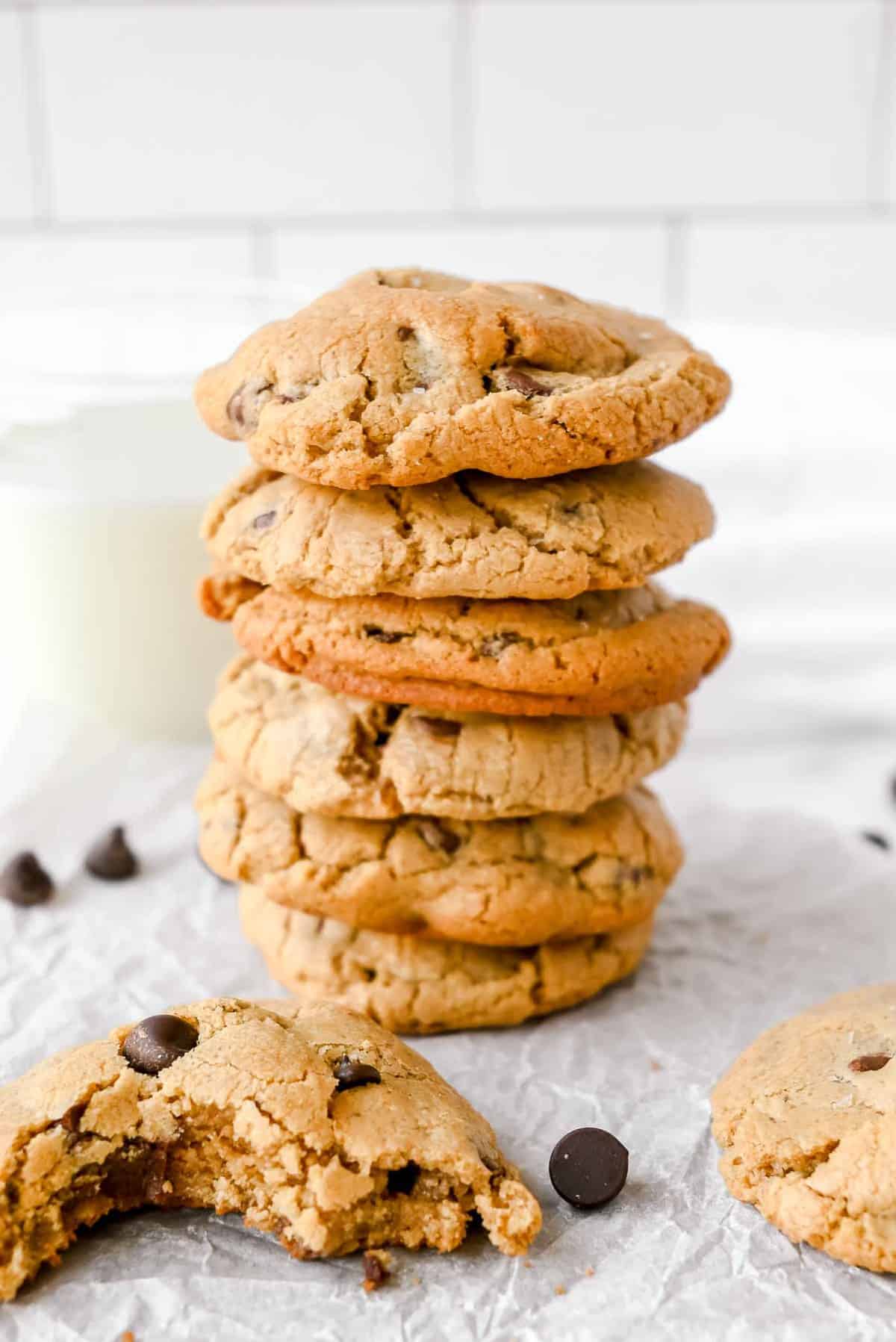 stack of oat flour chocolate chip cookies