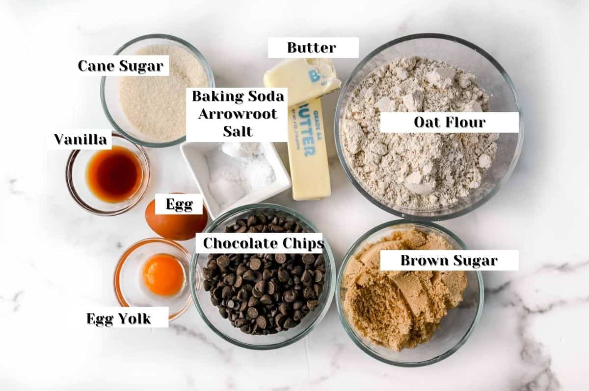 ingredients needed for this oat flour chocolate chip cookies recipe.
