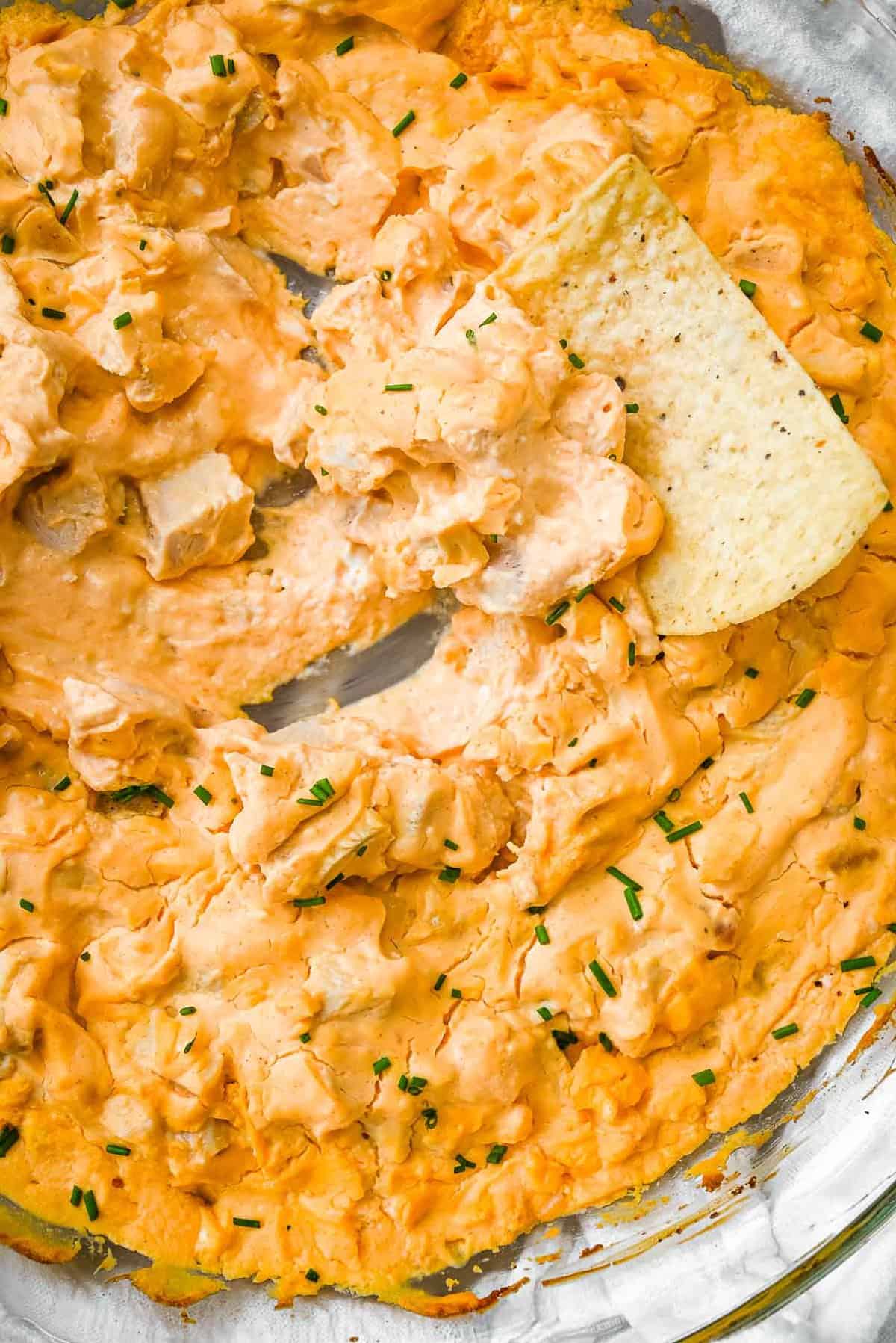 close up shot of healthy buffalo chicken dip with a tortilla chip scooping out some dip.