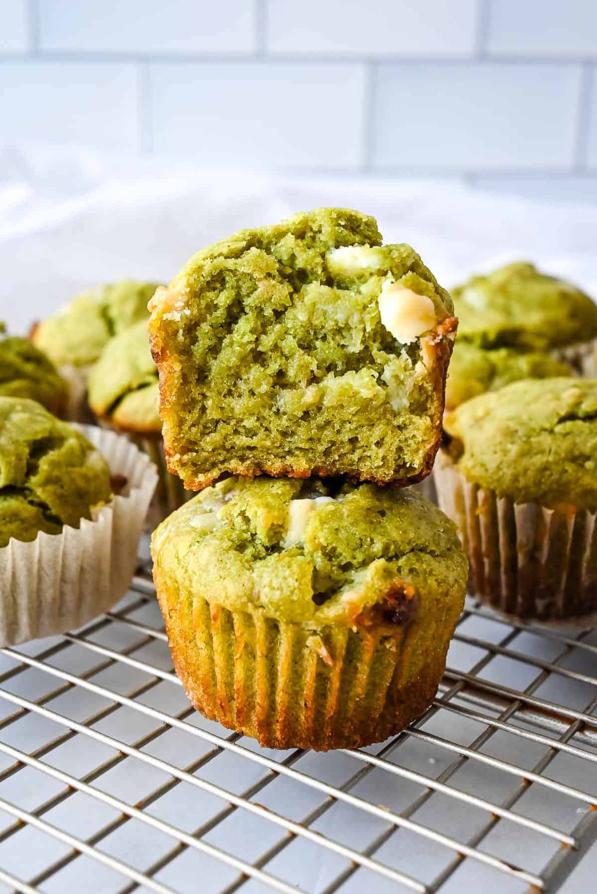 inside shot of matcha muffins with white chocolate