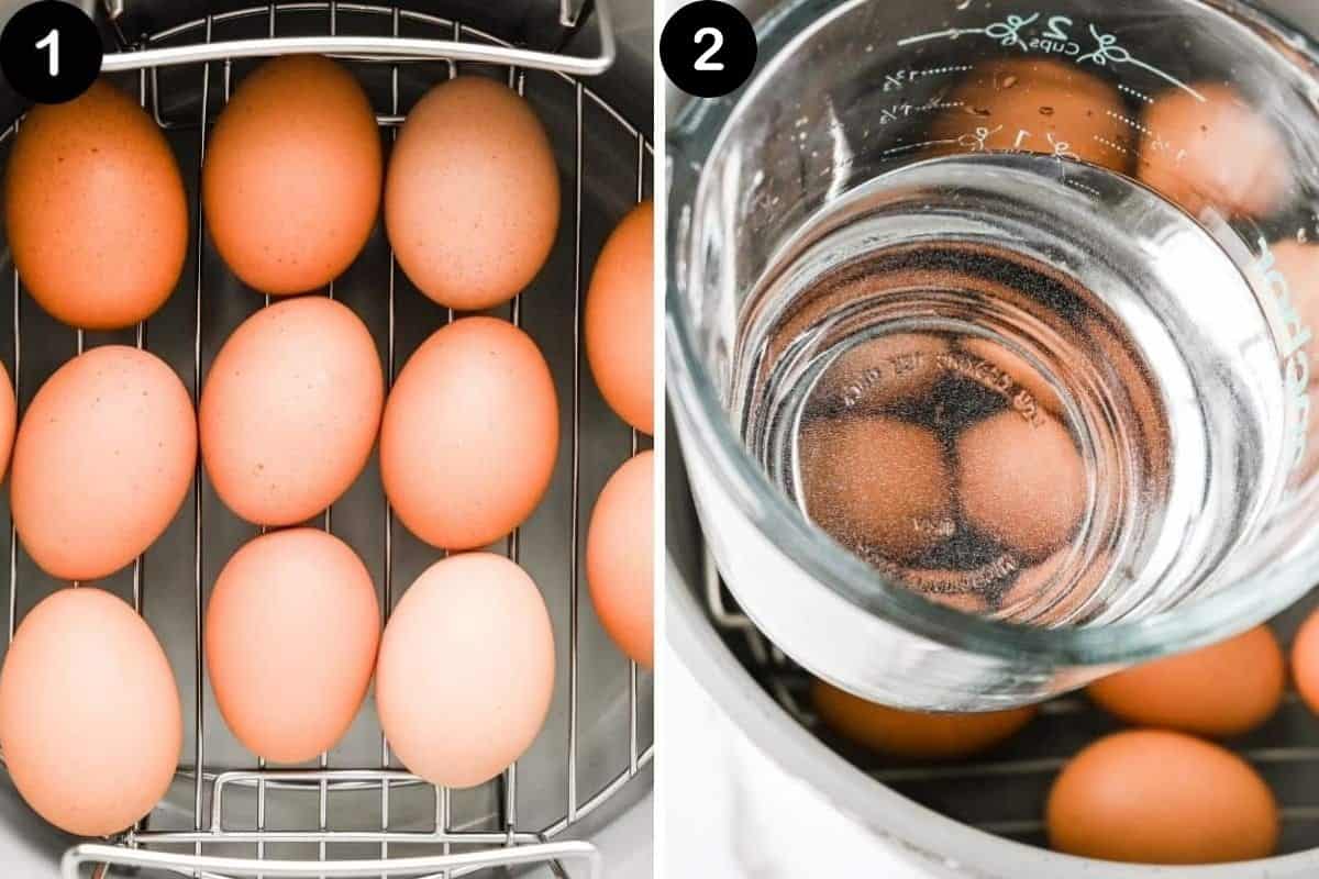 photos of steps for making ninja foodi hard boiled eggs.